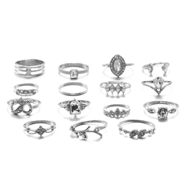 Delysia King 15pcs Bohemian Style Ladies Metal Joint Ring Set Leaves Fashion Crystal Water Droplets Rings - Image 3