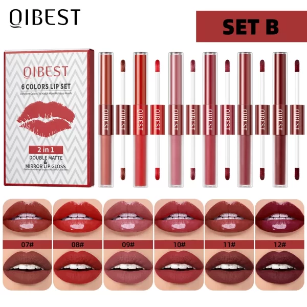 6 Colors Double-end Lipgloss And Matte Liquid Lipstick 2 In 1 Stick Long-lasting Mirror Lip Glaze Sexy Red Tint Lip Makeup Sets - Image 2