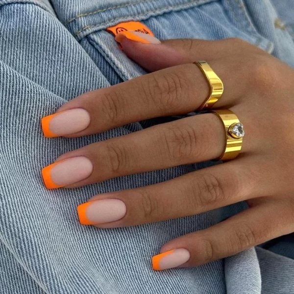 24Pcs Simple Matte Orange French False Nails Press on Wearable Artificial Mid Length Fake Nail Manicure Full Cover Nail Tips - Image 7