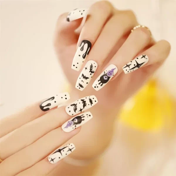 24pcs Artificial Acrylic Nail Art Fake Nails Full Coverage Removable Press on Nails Halloween Pumpkin Skull Moon False Nail Tip - Image 31