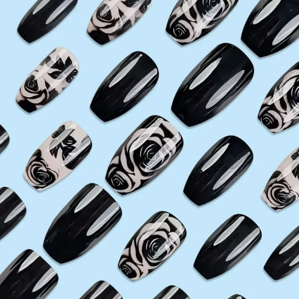 24pcs/ser Black Rose Flower Medium Square Press on Nails Decorated Acyrlic False Nail Art Fake Nails Set Finger Nails for Gluing - Image 3