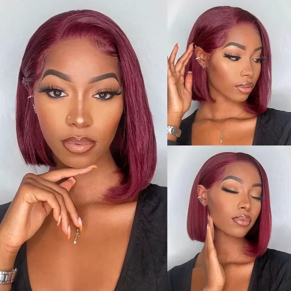99J Burgundy Bob Wig 8Inch Human Hair Wigs For Women Bone Straight Bob Wig Side Part HD Transparent Lace Frontal Wig 180% - Image 5
