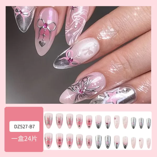 24pcs Spicy Girl Style Fake Nails 3D Sliver Bow Butterfly Decor False Nails Wearable Y2k Sliver Pink Almond Press on Nail Tips - Image 5