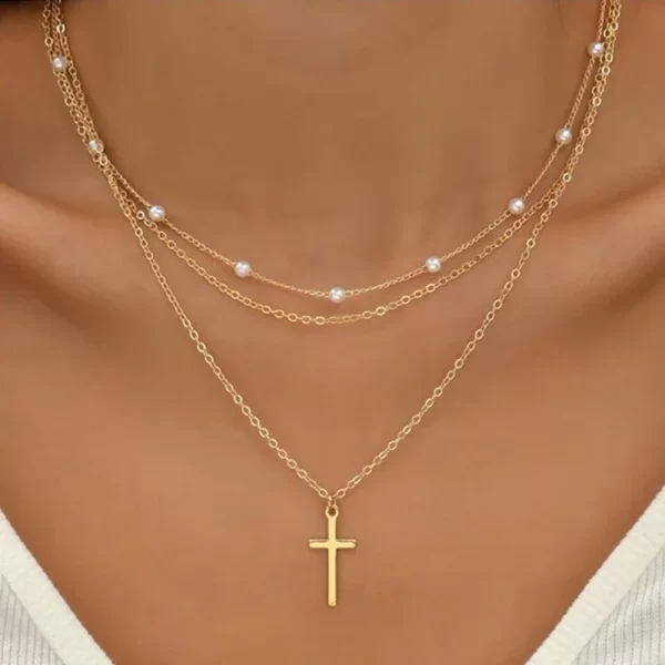 LATS Multilayer Pearl Cross Love Heart Pendant Necklaces for Women Gold Color Fashion Collarbone Neck Chain 2024 Trend Jewelry - Image 2