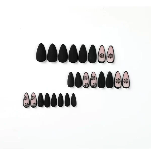 Sexy Charm Woman Black Frosted Snowflake Wearable Almond Shape Fake Nails Art Full Cover Finished False Nail Press on Nails Glue - Image 4