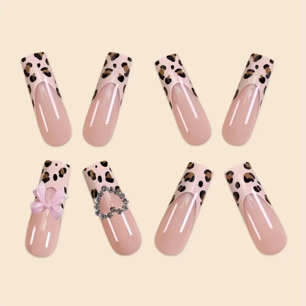 Luxury Ladies 24Pcs/Set Super Long Square French Leopard Print Pink Bow Heart Decoration Wearable Fake Nail  Press on Nail Art - Image 4