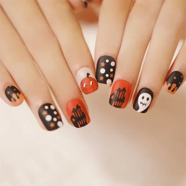 24pcs Artificial Acrylic Nail Art Fake Nails Full Coverage Removable Press on Nails Halloween Pumpkin Skull Moon False Nail Tip - Image 14