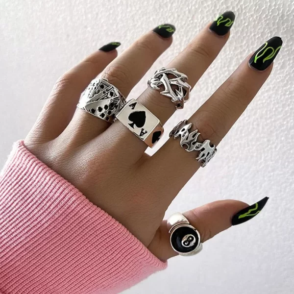 Vintage Gothic Heart Rings Set For Women Men Punk Playing Card Spades Geometric Hollow Butterfly Ring Retro Finger Ring Jewelry - Image 3