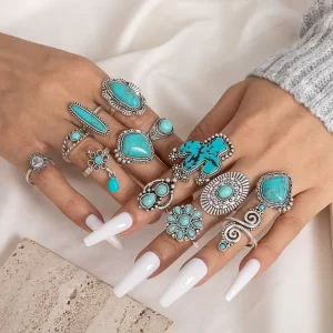 14pcs/set Bohemia Turquoise Geometric Rings Women Vintage Versatile Fashion Cactus Carving Nature Stone Ring Jewelry Sets New