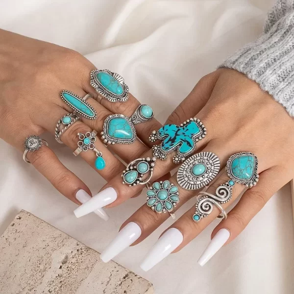 14pcs/set Bohemia Turquoise Geometric Rings Women Vintage Versatile Fashion Cactus Carving Nature Stone Ring Jewelry Sets New