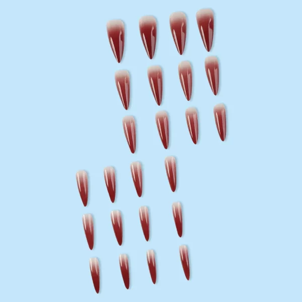 Wine Red Fake Nail Tips Long Pointed Head Glossy Press on Nails Wearable Full Cover INS Gradient Color False Nail Tips 24pcs - Image 3