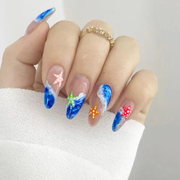 Wearable Y2k Cool False Nails Long Almond Tricolor Fake Nails Fashion Nail Tips Press On Round With Silver Stripes Beads Designs - Image 11
