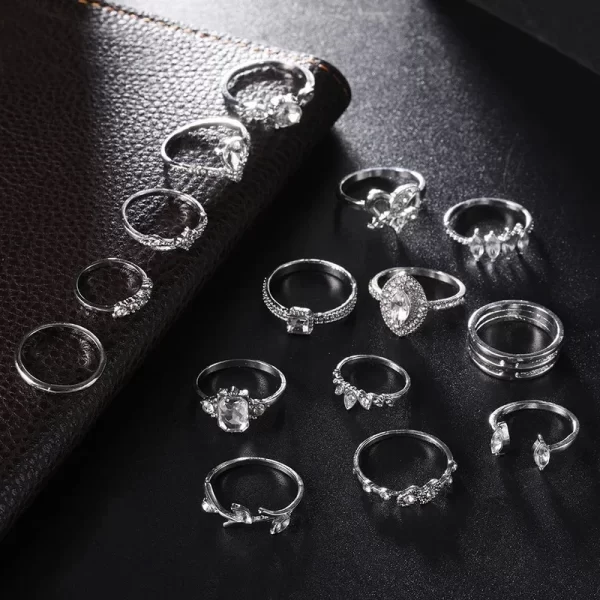 Delysia King 15pcs Bohemian Style Ladies Metal Joint Ring Set Leaves Fashion Crystal Water Droplets Rings - Image 5