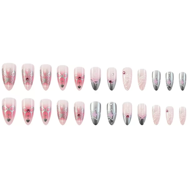 24pcs Spicy Girl Style Fake Nails 3D Sliver Bow Butterfly Decor False Nails Wearable Y2k Sliver Pink Almond Press on Nail Tips - Image 4