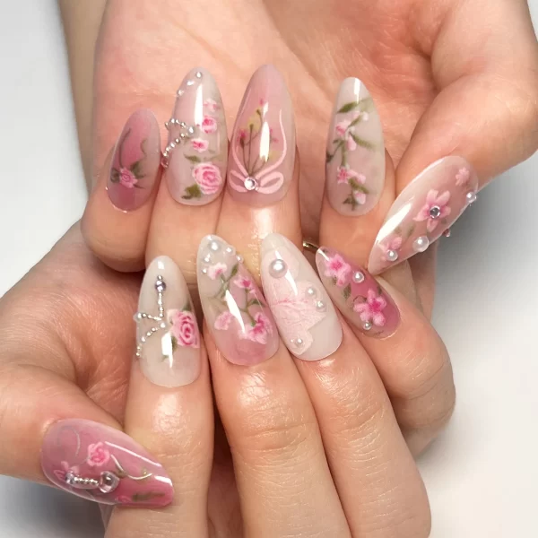 24pcs Spicy Girl Style Fake Nails 3D Sliver Bow Butterfly Decor False Nails Wearable Y2k Sliver Pink Almond Press on Nail Tips - Image 9