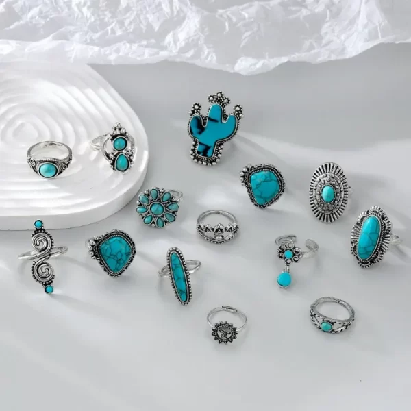 14pcs/set Bohemia Turquoise Geometric Rings Women Vintage Versatile Fashion Cactus Carving Nature Stone Ring Jewelry Sets New - Image 4