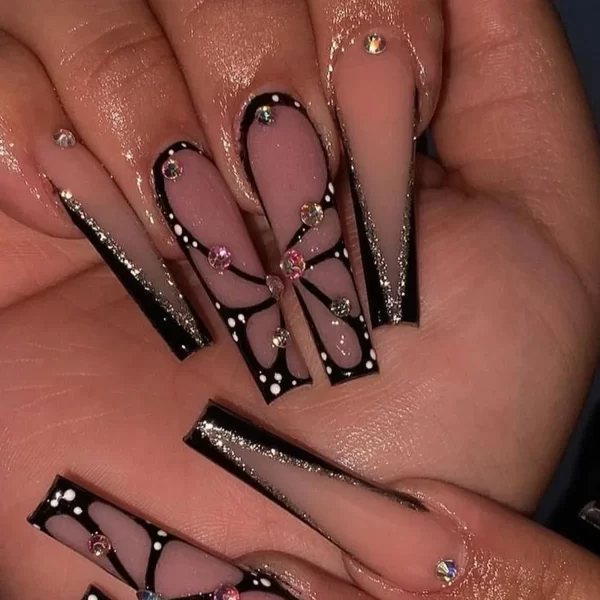 24Pcs Long Purple Ballet False Nails French with Butterfly Design Wearable Fake Nails Glitter Full Cover Press on Nails Tips Art - Image 7