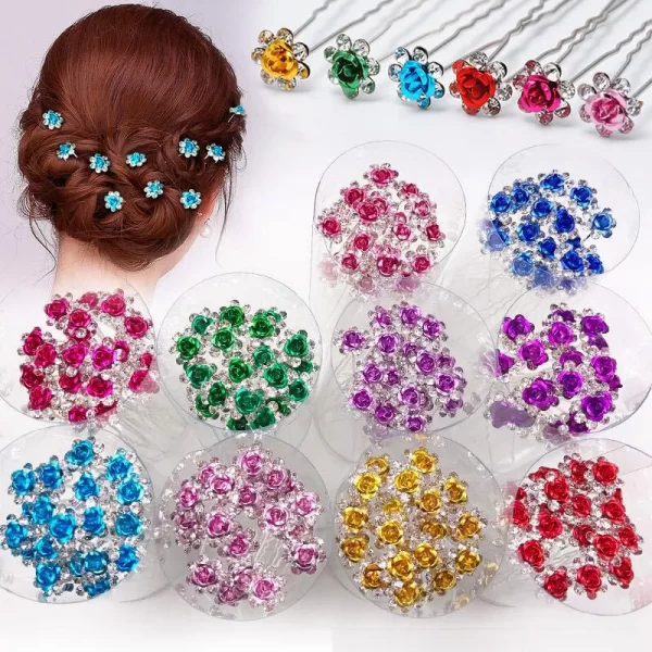20pc/pack Women U-shaped Hair Fork Pin Crystal Rose Flower Hairclips Rhinestone Hair Stick Wedding Bridal Jewelry Headwear