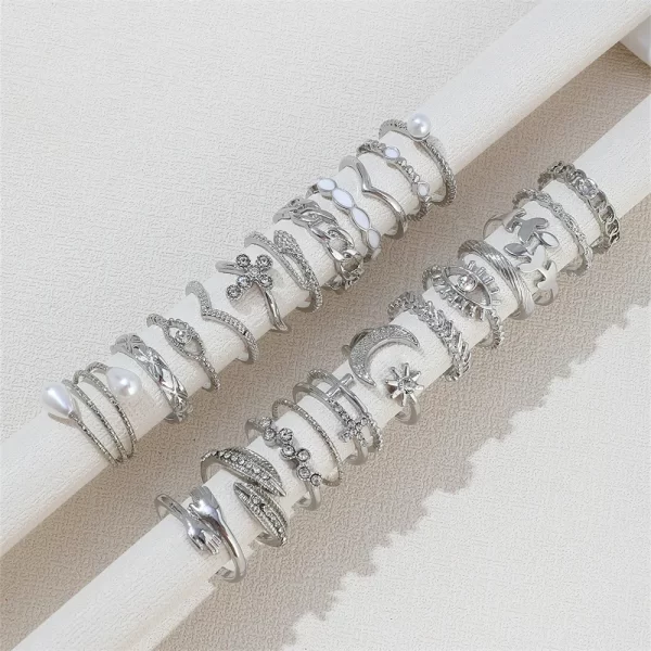 Silver Color Geometric Knuckle Rings Set For Women Eye Cross Sun And Moon Leaf Charm Finger Ring Female Boho Party Jewelry - Image 5