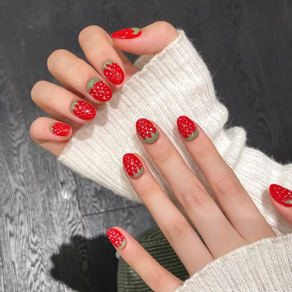 10Pcs 3D Strawberry Handmade Fake Nails Short Oval Red Polka Dot & Fruit Design False Nails Press On Nails for Women/Girls Wear - Image 3
