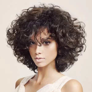 Women's Fashion Short Curly Hair Fluffy Dark Brown Synthetic Wavy Bob Wig with Bangs Costume Party Wig for Lady Mommy Hair