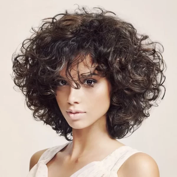 Women's Fashion Short Curly Hair Fluffy Dark Brown Synthetic Wavy Bob Wig with Bangs Costume Party Wig for Lady Mommy Hair