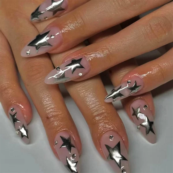 Wearable Y2k Cool False Nails Long Almond Tricolor Fake Nails Fashion Nail Tips Press On Round With Silver Stripes Beads Designs - Image 10