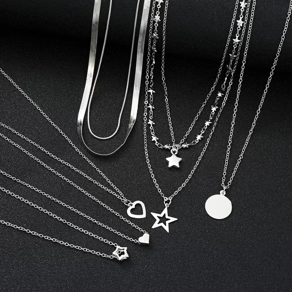 9 Pcs Simple Choker Necklaces for Women Fashion Love Heart Star Pendant Layered Necklace Jewelry Gift European and American 2024 - Image 5
