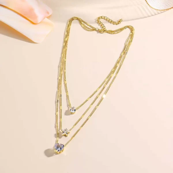 Fashion Crystal Heart Star Layered Pendant Necklace for Women Simple Gold Color Metal Rhinestone Choker Necklace Wedding Jewelry - Image 4