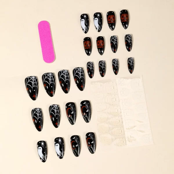 24pcs Halloween Fake Nails Spider Web Pumpkin Ghost Pattern Press on Nails for Girls Full Cover Wearable Almond False Nail Patch - Image 3