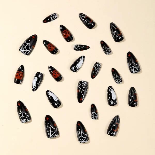 24pcs Halloween Fake Nails Spider Web Pumpkin Ghost Pattern Press on Nails for Girls Full Cover Wearable Almond False Nail Patch - Image 4