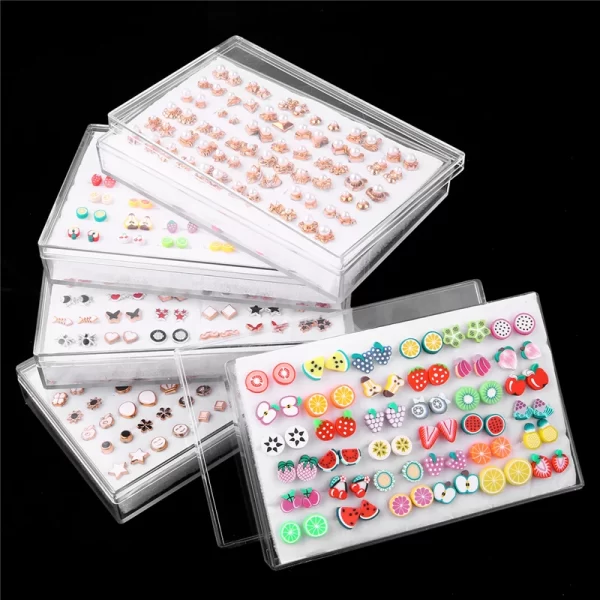 18/36Pairs Colorful Rhinestone Hollow Heart Star Flower Animal Mix Style Moon Crown Small Plastic Stud Earrings Set For Women - Image 3