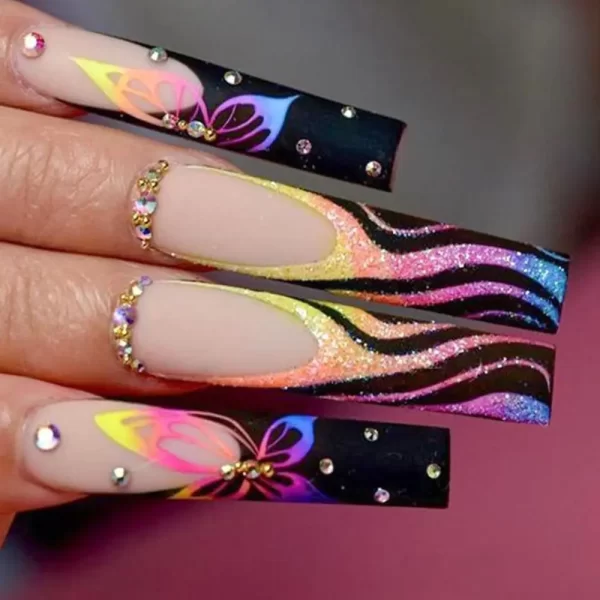 Long Ballerina False Nails Fashion French Purple Butterfly Fake Nails Full Cover Detachable Press on Nails Women Girls