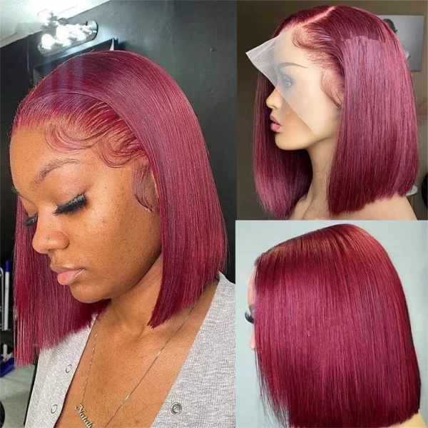 99J Burgundy Bob Wig 8Inch Human Hair Wigs For Women Bone Straight Bob Wig Side Part HD Transparent Lace Frontal Wig 180% - Image 2