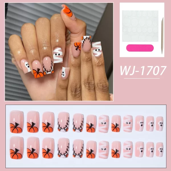 24pcs short and medium-sized fake nails, Halloween Scary Pumpkin Design Square Nail, press on nails,suitable for women and girls - Image 7