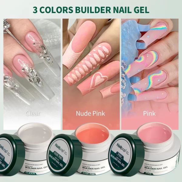 NAILPOP LED/UV Builder Nail Gel 3 Colors Nail Extension Gel Kit Nude Pink Clear Hard Gel Builder Nail Strengthener Manicure Set - Image 6