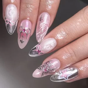 24pcs Spicy Girl Style Fake Nails 3D Sliver Bow Butterfly Decor False Nails Wearable Y2k Sliver Pink Almond Press on Nail Tips