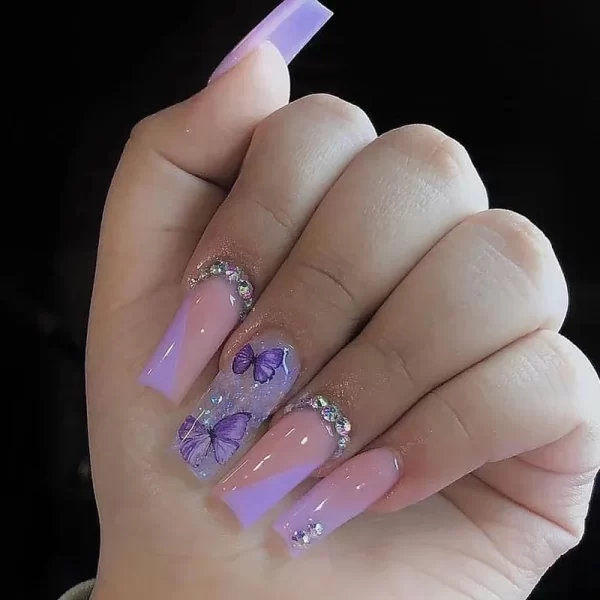 24Pcs Purple Butterfly Coffin Nails Set Press on Long Ballet False Nails with Rhinestone Wearable French Fake Nail Manicure Tips - Image 2