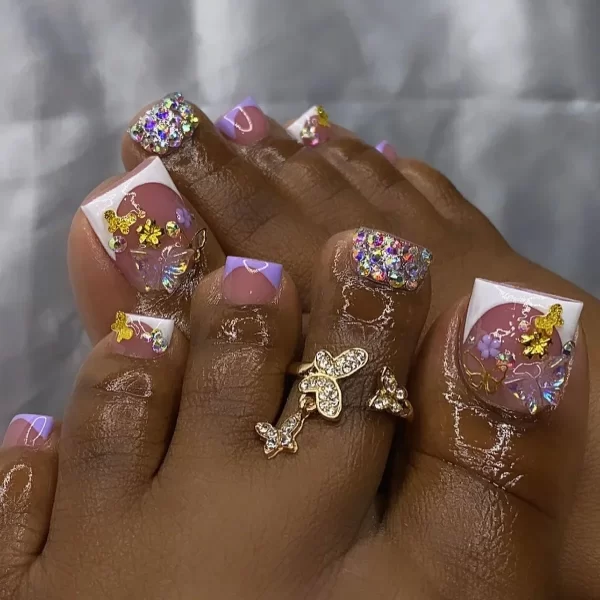 Charms Butterfly Flowers Press on Nail Shiny Rhinestone Fake Toenails Summer Manicure French Toe False Art Nails Tips Detachable - Image 2