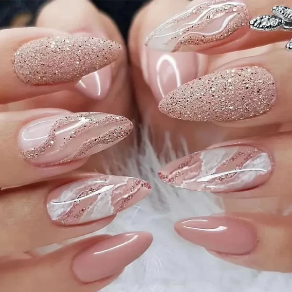 Sexy Charm Woman Black Frosted Snowflake Wearable Almond Shape Fake Nails Art Full Cover Finished False Nail Press on Nails Glue - Image 10