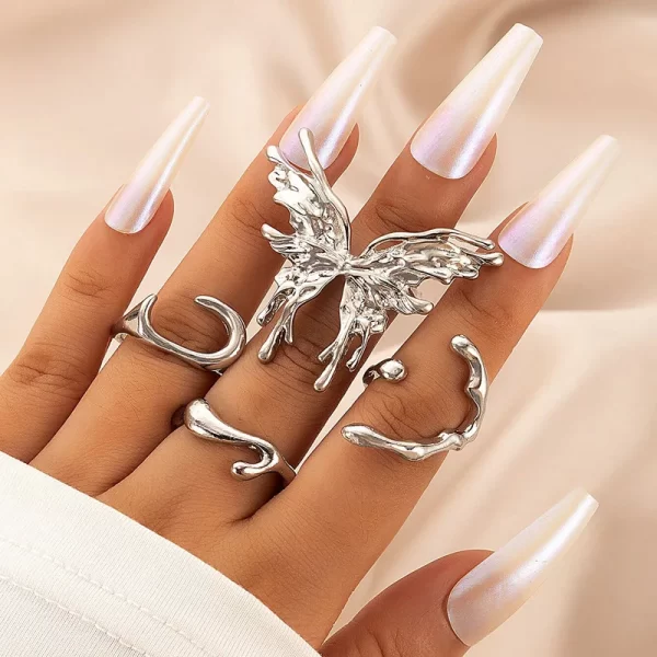 Punk Silver Color Metal Liquid Butterfly Rings Set For Women Gothic Hip Hop Irregular Wave Insect Finger Rings Aesthetic Jewelry