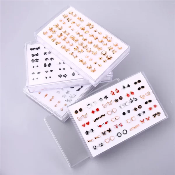 18/36Pairs Colorful Rhinestone Hollow Heart Star Flower Animal Mix Style Moon Crown Small Plastic Stud Earrings Set For Women - Image 7