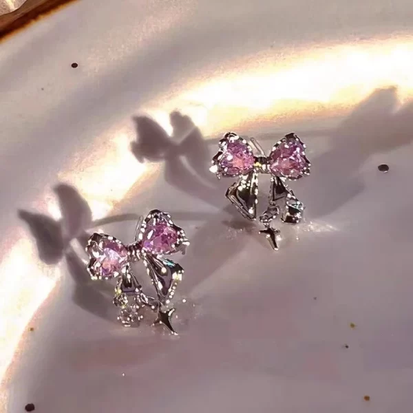 Y2K Bowknot Zircon Stud Earrings for Women Fashion Korean Silver Color Pink Crystal Personality Earring Girl Party Jewelry Gifts - Image 4