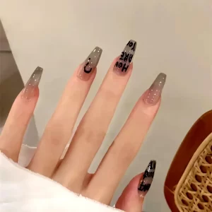 Handmade Press on Nails Goth Fake Nail with Spice Girl Dark English Letter Full Cover Wearable Artificial Nail Tip Uñas Postizas
