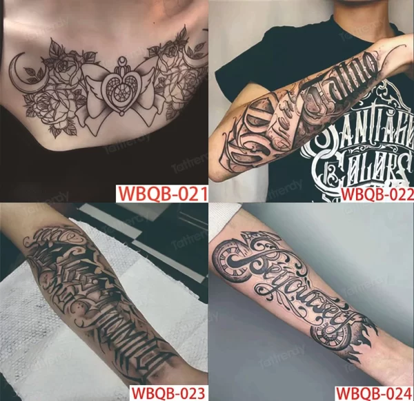 4 Sheets Fake Tattoo Sleeve Arm Body Art Long Lasting 15 Days Herbal Juice Ink Temporary Tattoo Sticker Text Wings Totem Men - Image 15