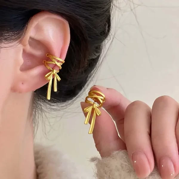 New Y2K Double-Layer Bow Ear Cuff No Piercing Earring Punk Unique Metal Tie Bow Ear Clip for Women Girls Fashion Jewelry Gifts - Image 3