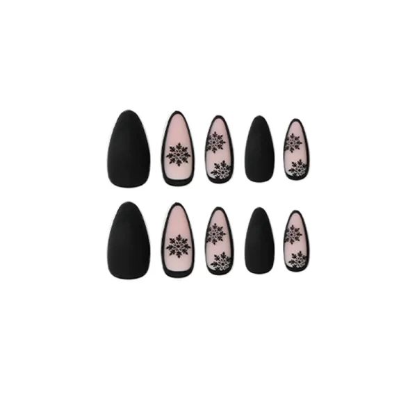 Sexy Charm Woman Black Frosted Snowflake Wearable Almond Shape Fake Nails Art Full Cover Finished False Nail Press on Nails Glue - Image 3