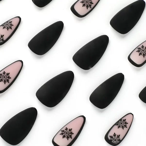 Sexy Charm Woman Black Frosted Snowflake Wearable Almond Shape Fake Nails Art Full Cover Finished False Nail Press on Nails Glue - Image 5