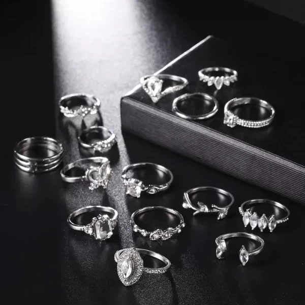 Delysia King 15pcs Bohemian Style Ladies Metal Joint Ring Set Leaves Fashion Crystal Water Droplets Rings - Image 4