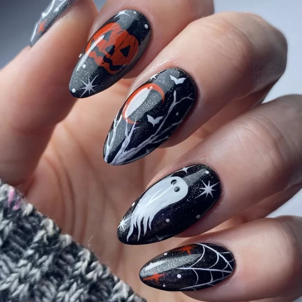 24pcs Halloween Fake Nails Spider Web Pumpkin Ghost Pattern Press on Nails for Girls Full Cover Wearable Almond False Nail Patch - Image 2